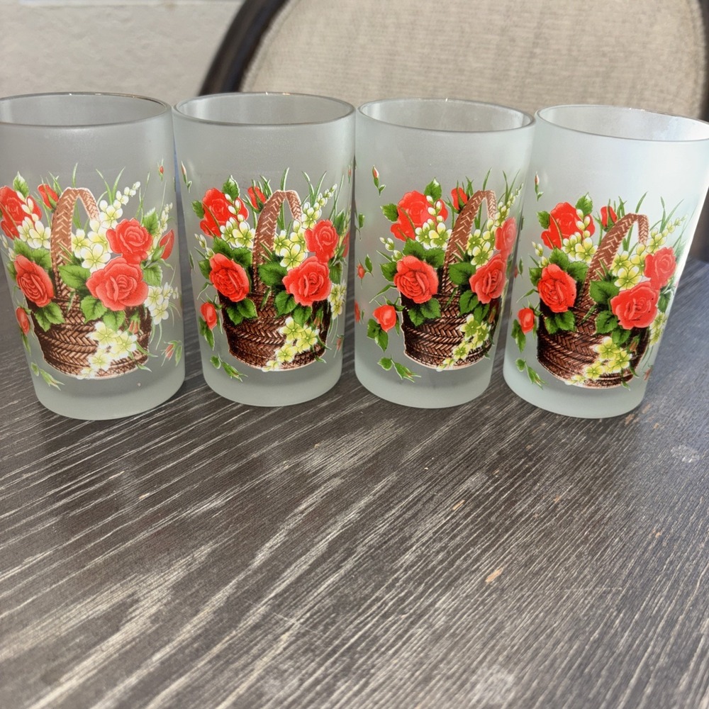 Frosted Vintage Floral Juice Glasses Briliant Set Of 4 MCM Cottagecore Romantic
